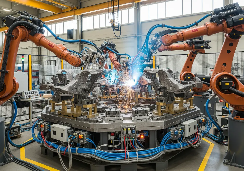 Célula de soldadura robotizada con múltiples brazos robóticos ABB de color naranja trabajando con precisión sobre un utillaje metálico complejo en un entorno industrial.