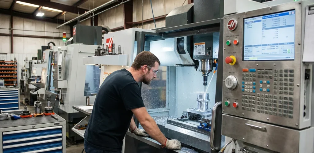 Operario especializado supervisando proceso de mecanizado CNC de alta precisión en taller industrial