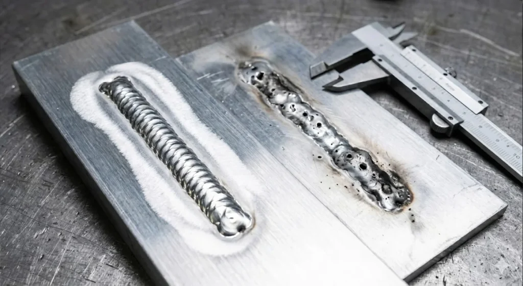 comparando una soldadura en aluminio buen y otra mala