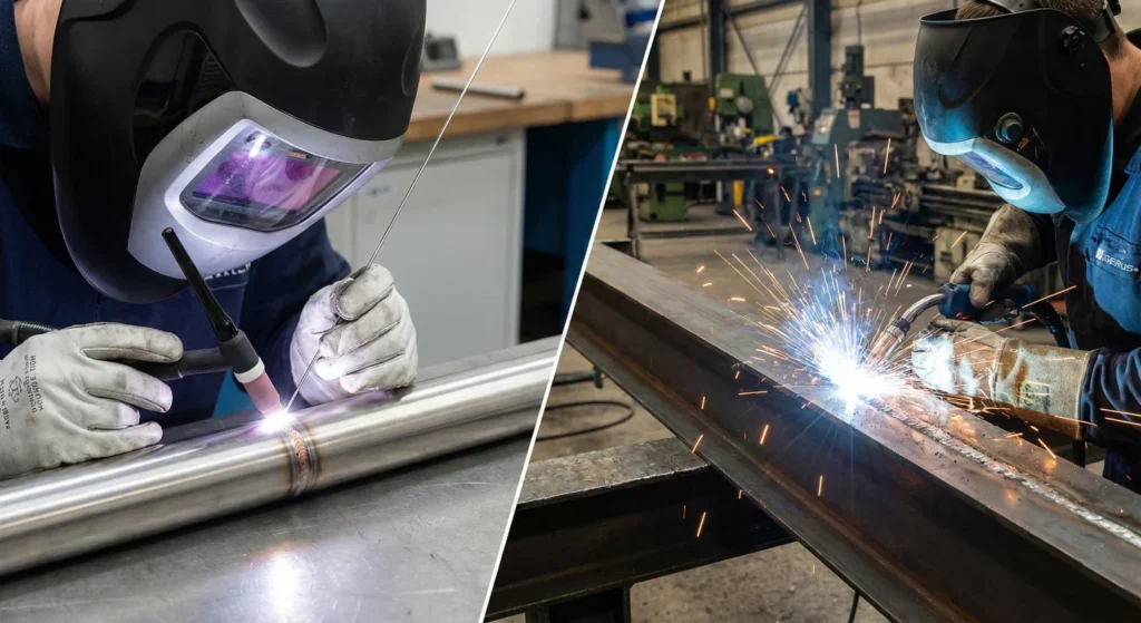 Soldadores realizando los dos tipos de soldadura industrial
