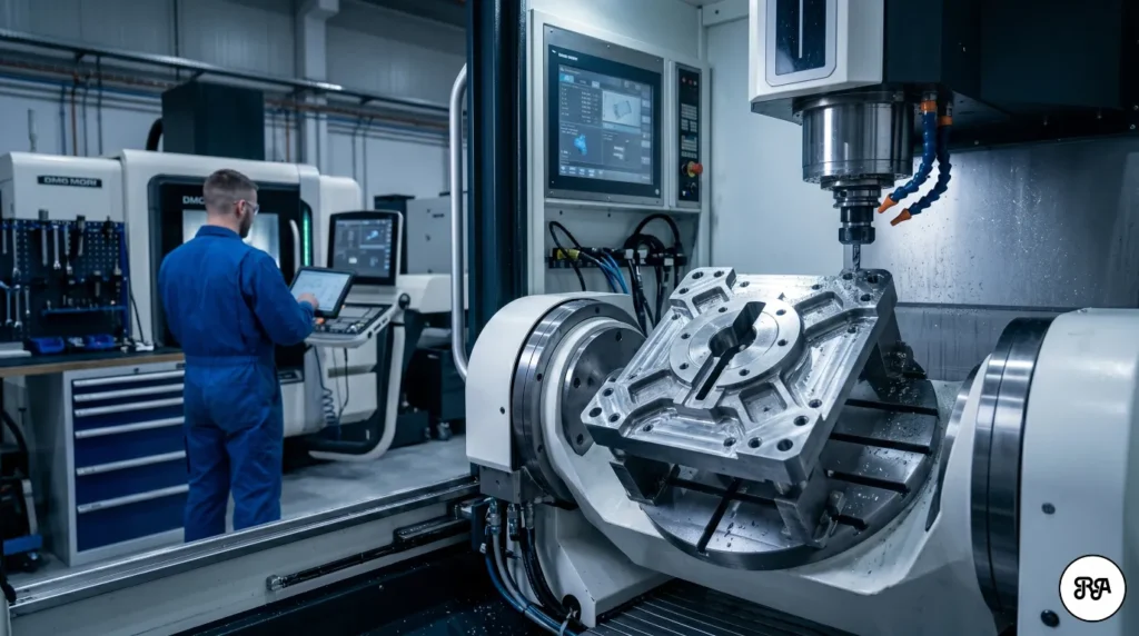Imagen panorámica horizontal (16:9) en un taller industrial moderno para defensa: un centro de mecanizado CNC de 5 ejes en primer plano procesa una pieza de aluminio brillante. Al fondo desenfocado, ingenieros revisan planos en una tablet.