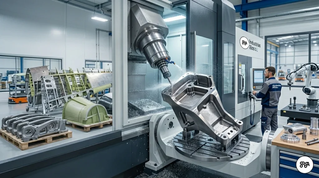 Centro de mecanizado CNC de 5 ejes trabajando en una pieza aeroespacial compleja de aluminio con refrigeración líquida en un taller de alta precisión.