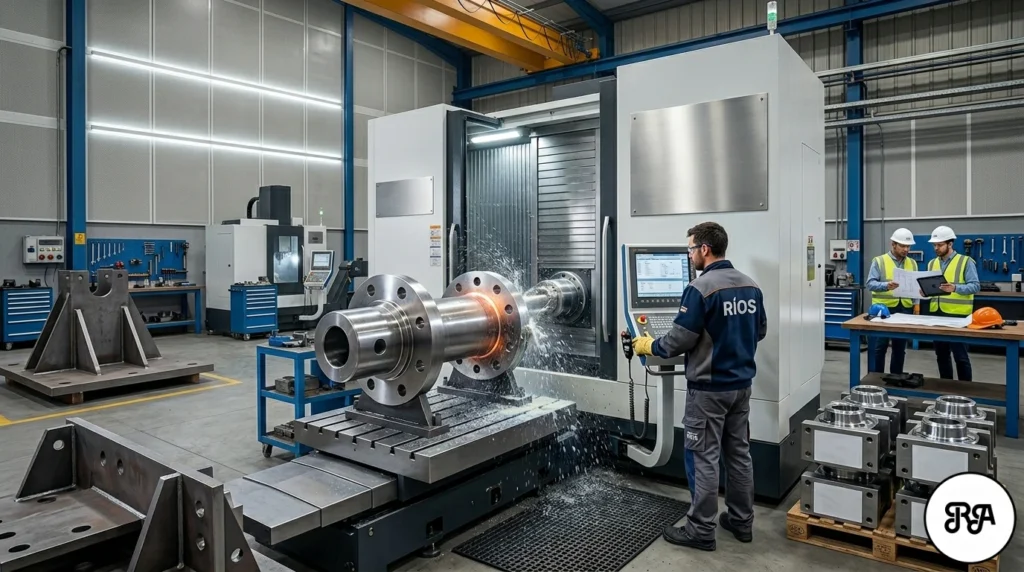Un operario de Industrias Ríos maneja una gran máquina CNC que mecaniza una pieza metálica de gran tamaño, con dos ingenieros revisando planos al fondo.
