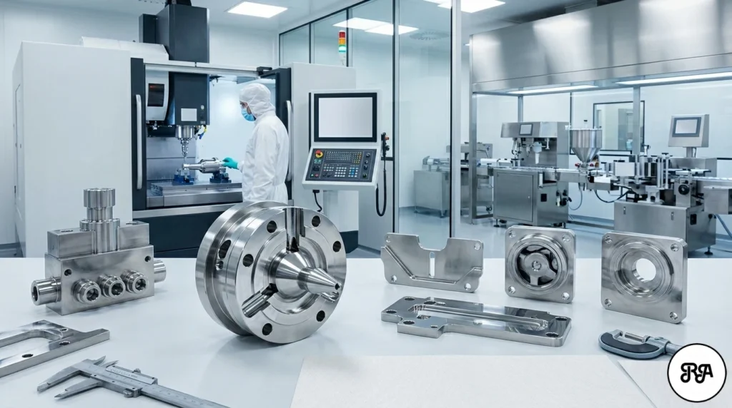 Sala blanca de Industrias Ríos para farma. Componentes de precisión y operario con traje en máquina CNC. Plano técnico y herramientas en mesa de inspección. Entorno estéril con línea de envasado al fondo.