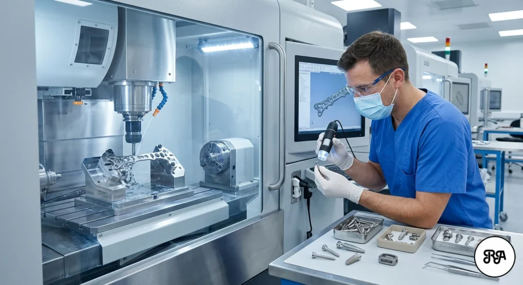 Un técnico de laboratorio utiliza un microscopio digital para inspeccionar una pequeña pieza metálica en un taller de mecanizado de precisión, con una máquina CNC en el fondo.