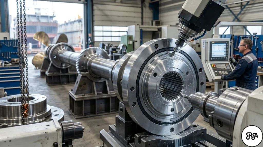 Primer plano de una pieza circular de metal con estrías internas siendo mecanizada por un brazo robótico CNC en un gran taller naval. Al fondo, un eje de hélice masivo y un barco en dique seco.