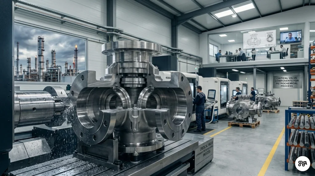 Amplia vista panorámica del interior de un taller de mecanizado de precisión de Industrias Ríos, que muestra múltiples centros de mecanizado CNC de 5 ejes activos en primer plano. Un complejo componente de válvula metálica se está mecanizando. Ingenieros trabajan en una oficina de entrepiso y una refinería es visible a través de una ventana al fondo.