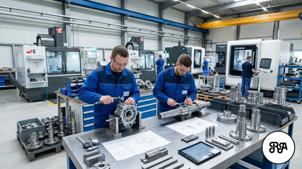 Operarios de Industrias Ríos trabajando en componentes mecanizados de precisión para bienes de equipo en un taller industrial con máquinas CNC.