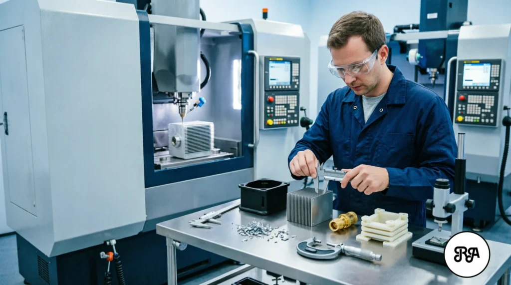 Operario de Industrias Ríos midiendo con calibre de precisión un disipador de calor mecanizado por CNC junto a carcasas de aluminio y conectores de latón en taller electrónico