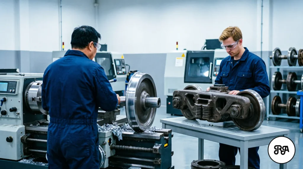 Operarios mecanizando ejes de rueda ferroviarios y componentes de bogie en taller CNC de Industrias Ríos