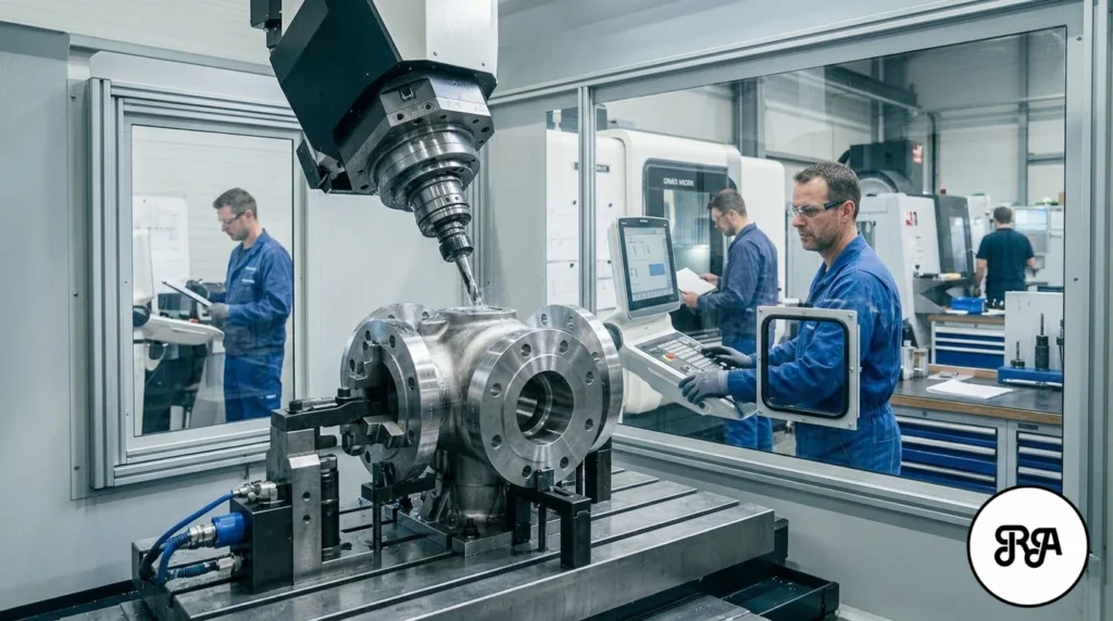 Pieza petroquímica mecanizada dentro de una máquina CNC con operarios trabajando tras una mampara de protección.