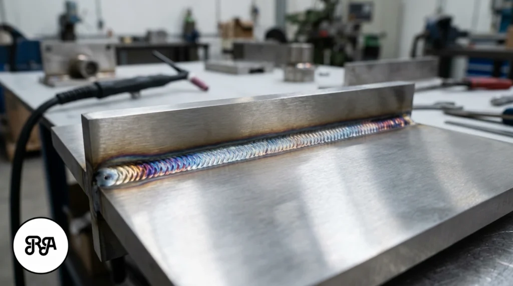 Detalle de Industrias Rios en una unión soldada de acero inoxidable con cordón limpio y acabado técnico