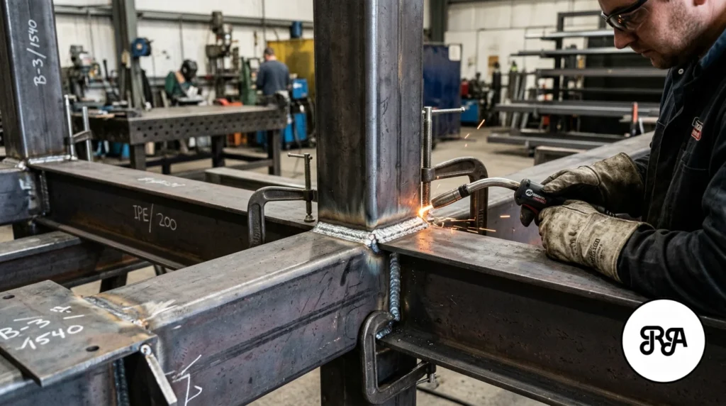 Detalle de estructura de acero soldada en taller industrial de Industrias Rios con perfiles metálicos y cordón limpio