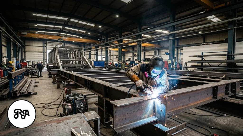 Soldadura de estructura metálica en taller industrial de Industrias Rios con bastidor de acero y operario trabajando