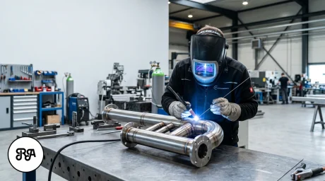 Taller industrial de Industrias Rios con soldadura TIG en acero inoxidable y pieza metálica en primer plano