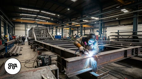 Soldadura de estructura metálica en taller industrial de Industrias Rios con bastidor de acero y operario trabajando